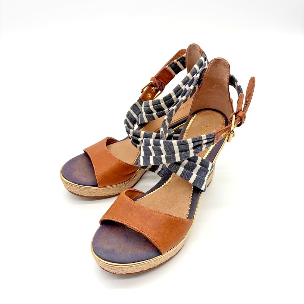 Sperry Top Sider Navy Blue White Striped Leather Espadrille Wedge Sandals Sz 7